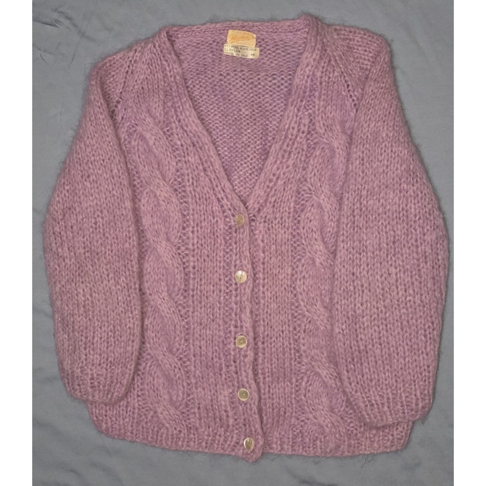 Vintage 60s Wool/Mohair Lavender Cardigan Italy Fuzzy Knit Sweater Womens 40